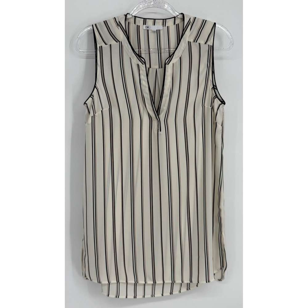 DR2 by Daniel Rainn Womens Sz M White Black Tan Striped Sleeveless Blouse Top